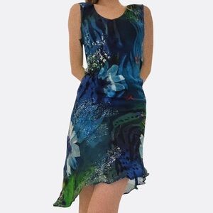 Vintage Elegant Multicolor Textured Silk Sleeveless Midi Dress